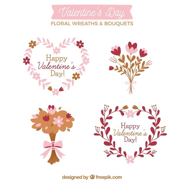 Hand drawn valentine's day floral wreaths & bouquets