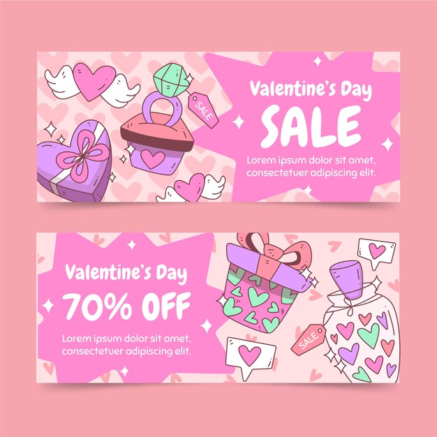 Hand drawn valentine's day sale horizontal banners set