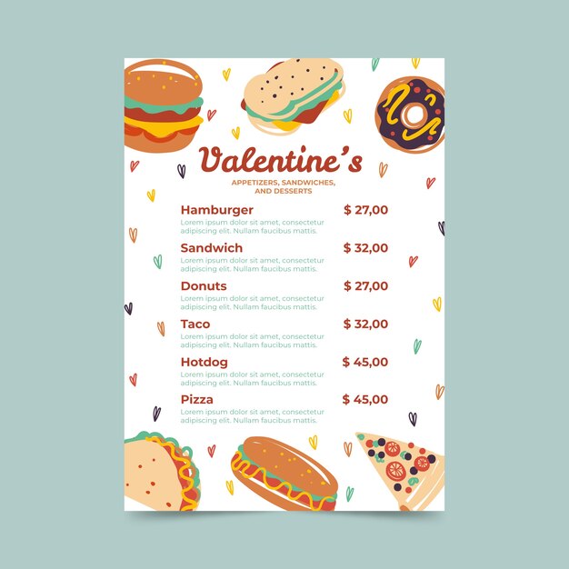 Hand drawn valentines day menu template