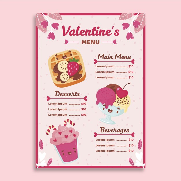 Hand drawn valentines day menu template