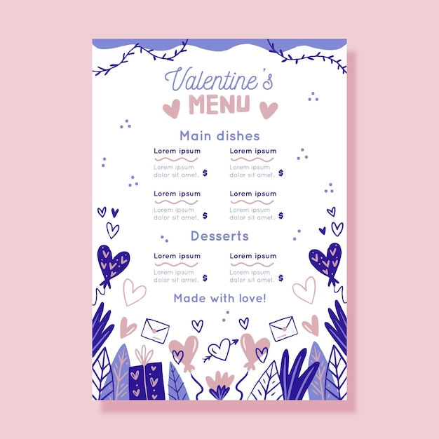 Hand drawn valentines day menu template