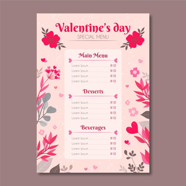 Hand drawn valentines day menu template