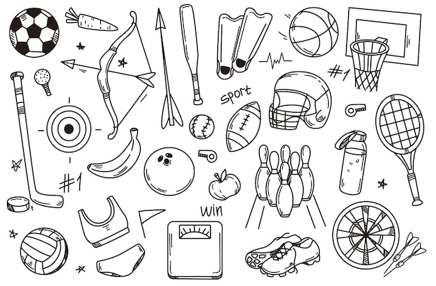 Free Vector hand drawn vector illustration set of sport doodle icons sports equipment and accessories with balls