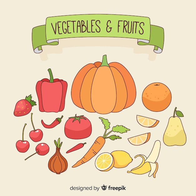 Free Vector hand drawn vegetables and fruits background