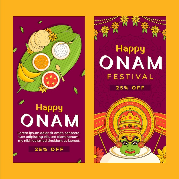 Hand drawn vertical banner template for onam festival celebration