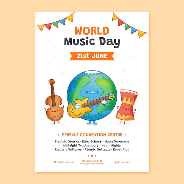 Free Vector hand drawn vertical flyer template for world music day celebration