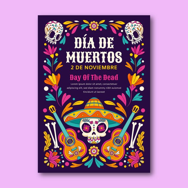 Hand drawn vertical poster template for dia de muertos celebration