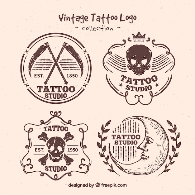 Hand drawn vintage tattoo logo set 