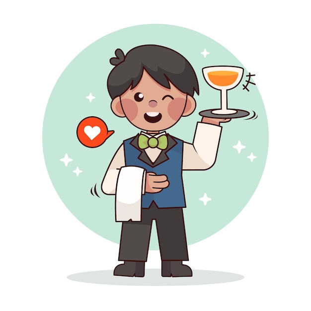 Hand drawn waiter cartoon illustration