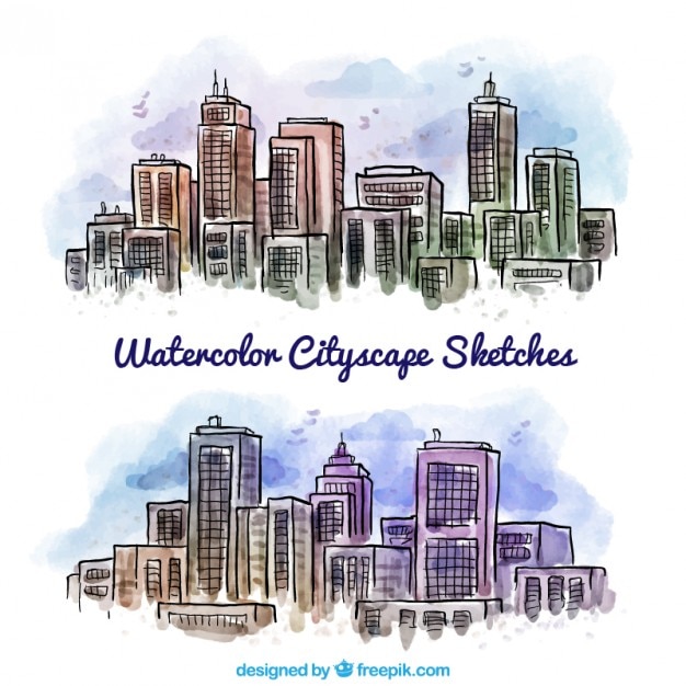 Free vector hand drawn watercolor cities with skyscrapers