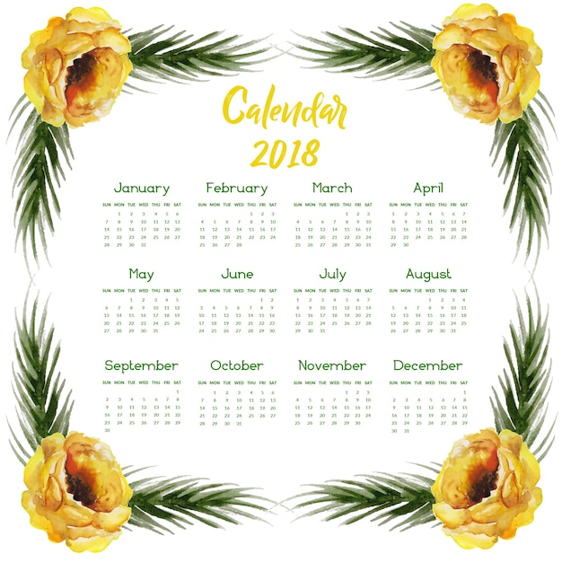 Free Vector hand drawn watercolor floral annual calendar 2018