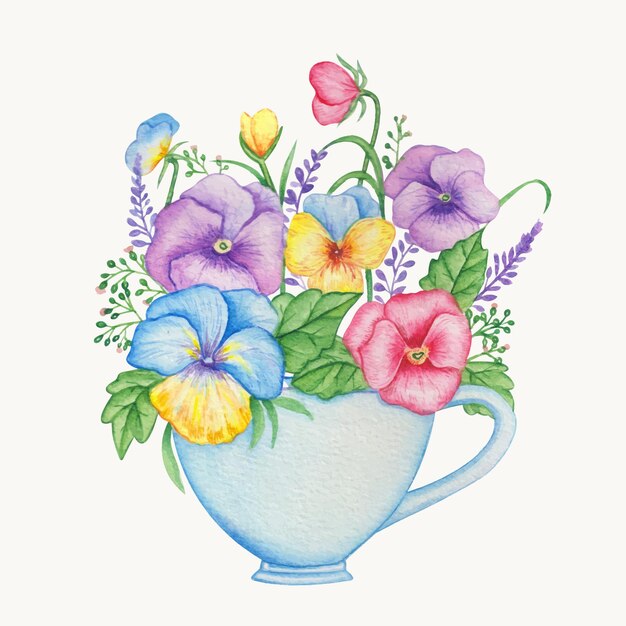 Free Vector hand drawn watercolor flowers in cup