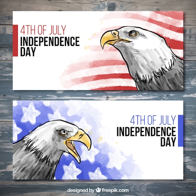 Hand drawn watercolor independence day banners with symbols