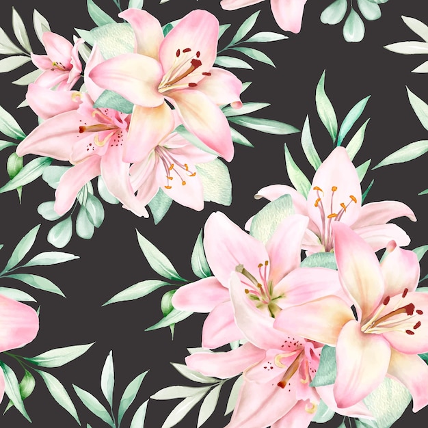 Hand drawn watercolor lily seamless pattern