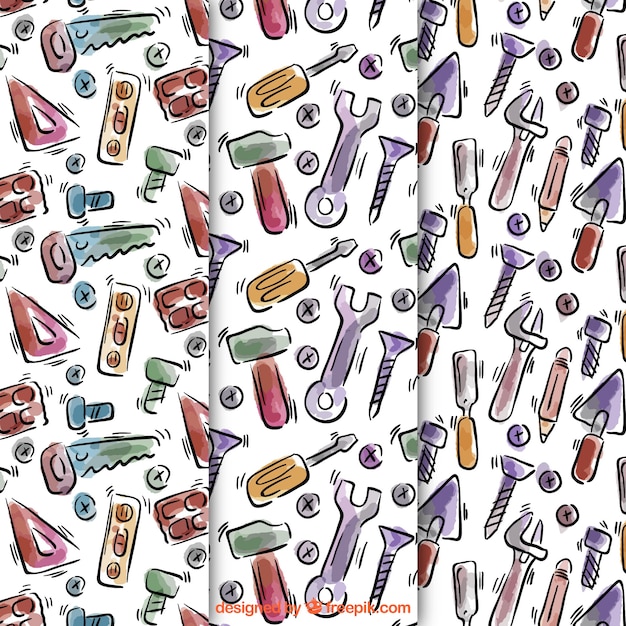 Hand drawn watercolor tools patterns