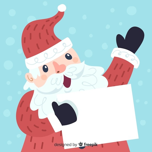 Hand drawn waving santa with blank sign