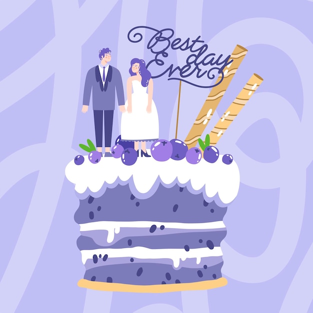 Hand drawn wedding cake with topper