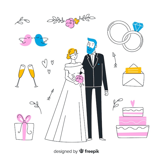 Hand drawn wedding couple and elements