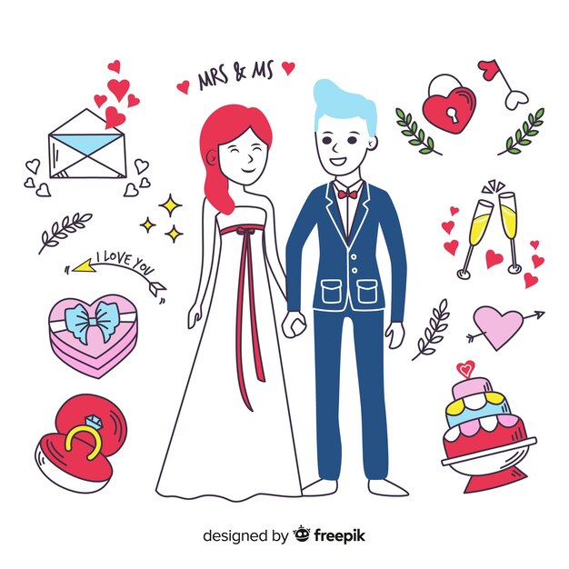 Hand drawn wedding couple and elements