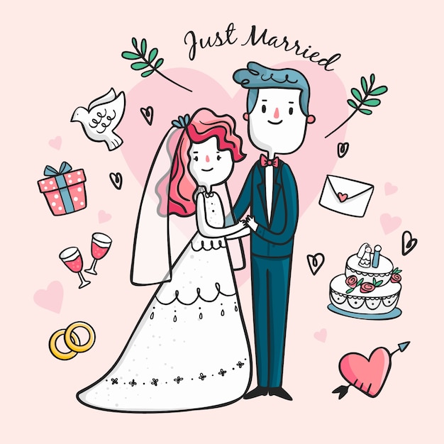 Free Vector hand-drawn wedding couple illustrated