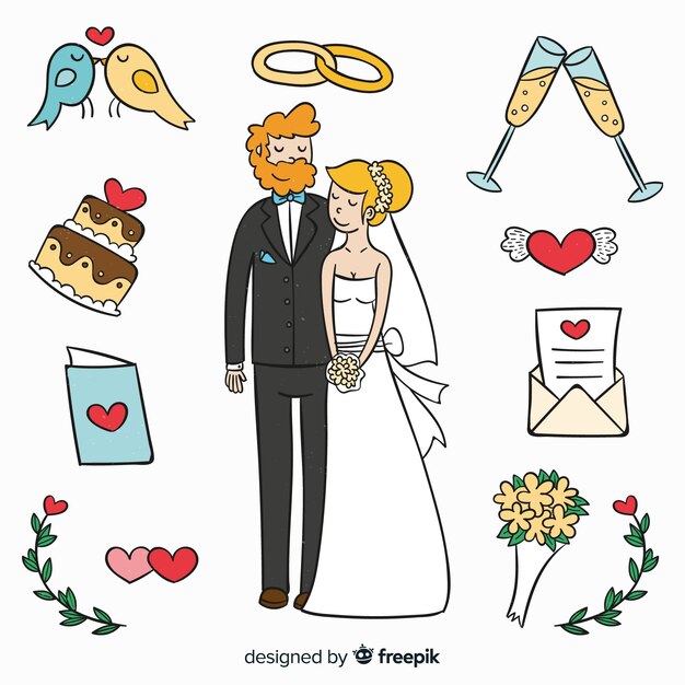 Hand drawn wedding couple with elements