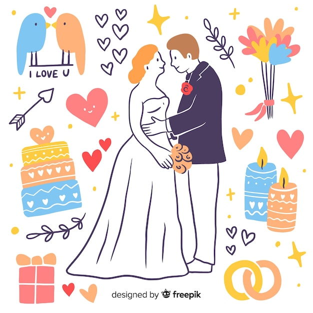 Free Vector hand drawn wedding couple with elements