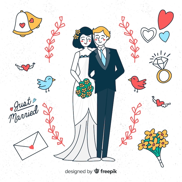 Hand drawn wedding couple with elements