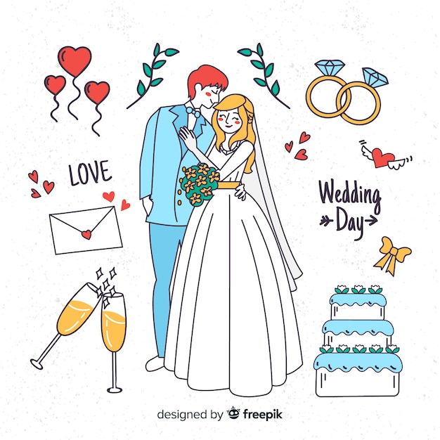 Hand drawn wedding couple with elements