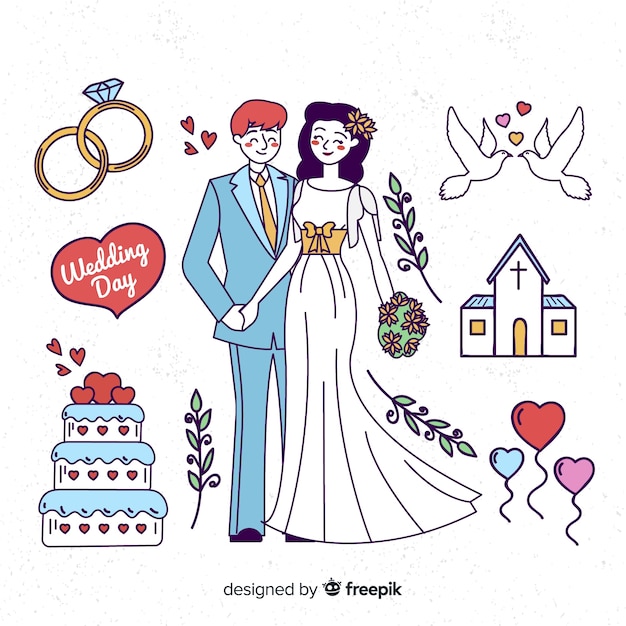 Hand drawn wedding couple with elements