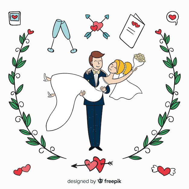 Free Vector hand drawn wedding couple with ornaments