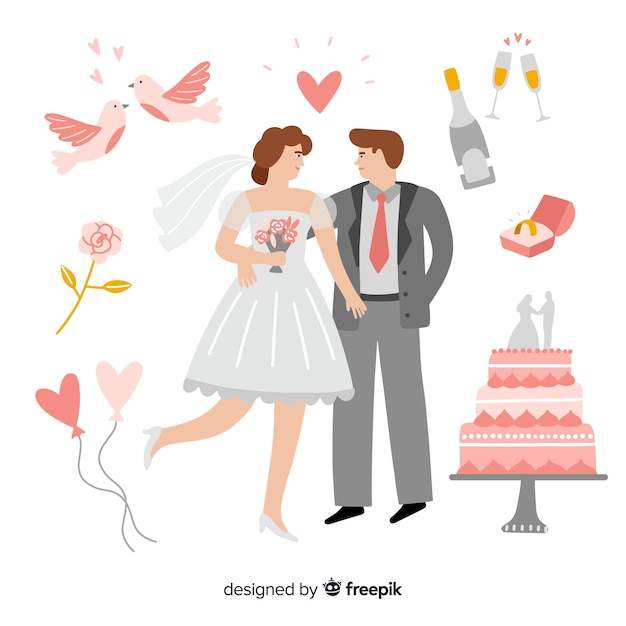 Free Vector hand drawn wedding couple with ornaments