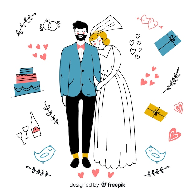 Hand drawn wedding couple with ornaments