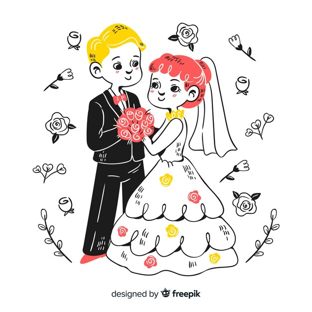 Hand drawn wedding couple with ornaments