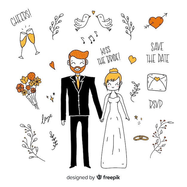 Hand drawn wedding couple with ornaments