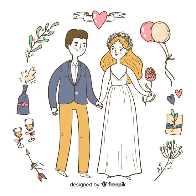 Hand drawn wedding couple with ornaments