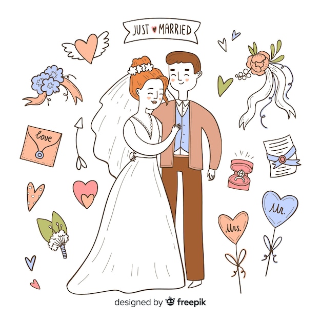 Hand drawn wedding couple with ornaments