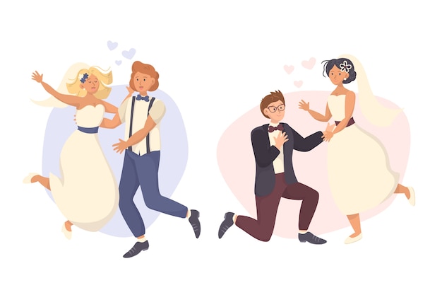 Hand drawn wedding couples in modern clothes and hearts