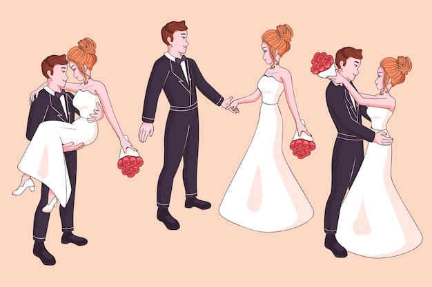 Hand drawn wedding couples set