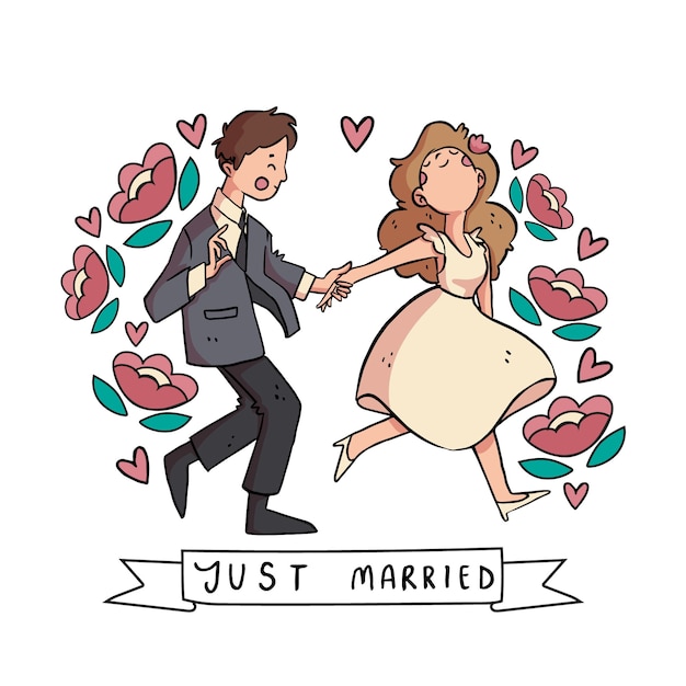 Free vector hand drawn wedding couples with flowers