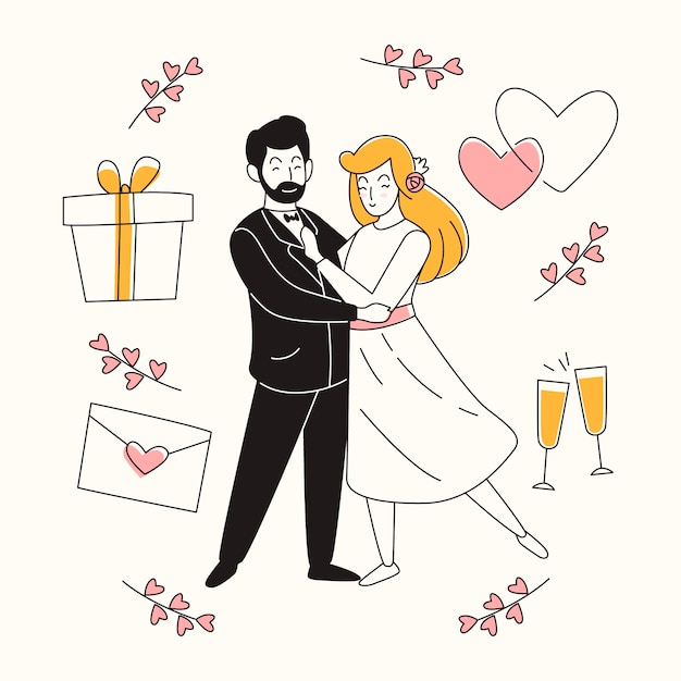 Hand drawn wedding couples with gift and hearts