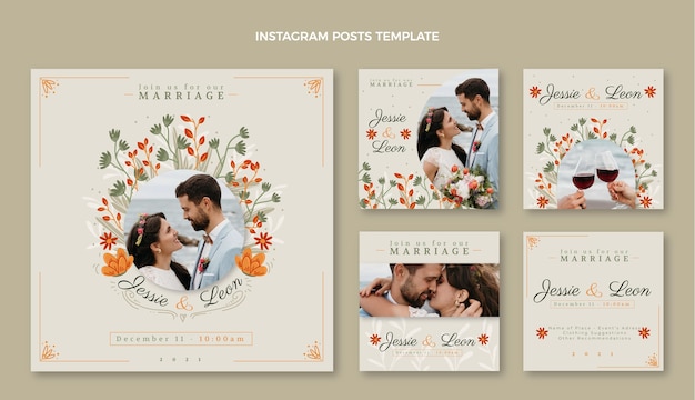 Free vector hand drawn wedding instagram post set