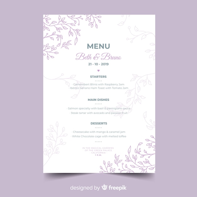 Hand drawn wedding menu template