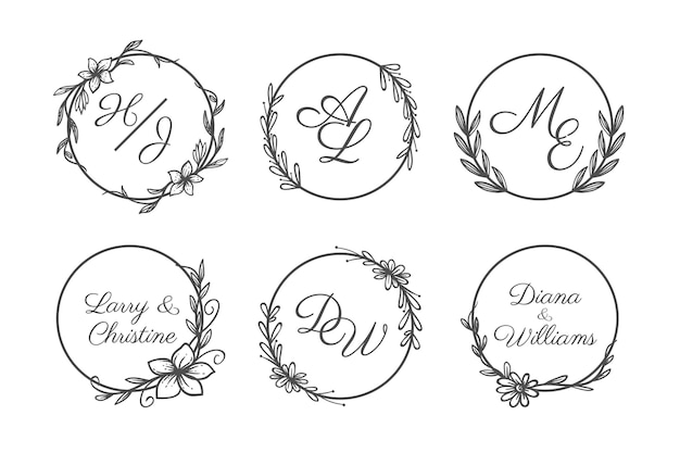 Hand drawn wedding monogram logo set