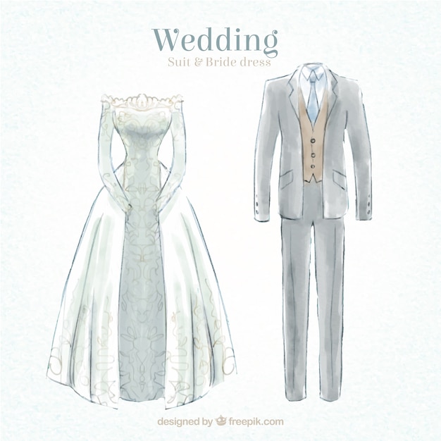 Hand drawn wedding suit and bride dress