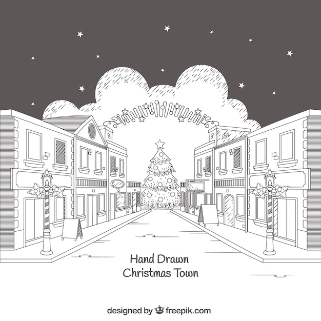 Hand drawn white and grey christmas town