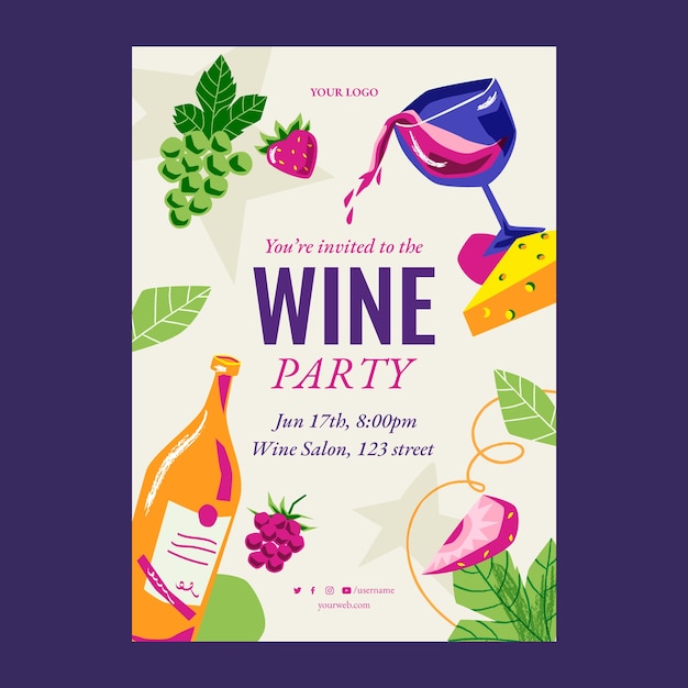 Hand drawn wine party invitation