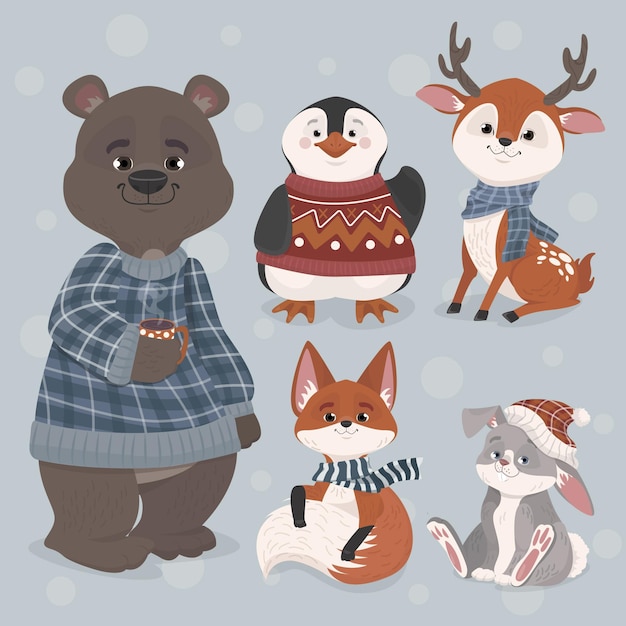 Hand drawn winter animals collection