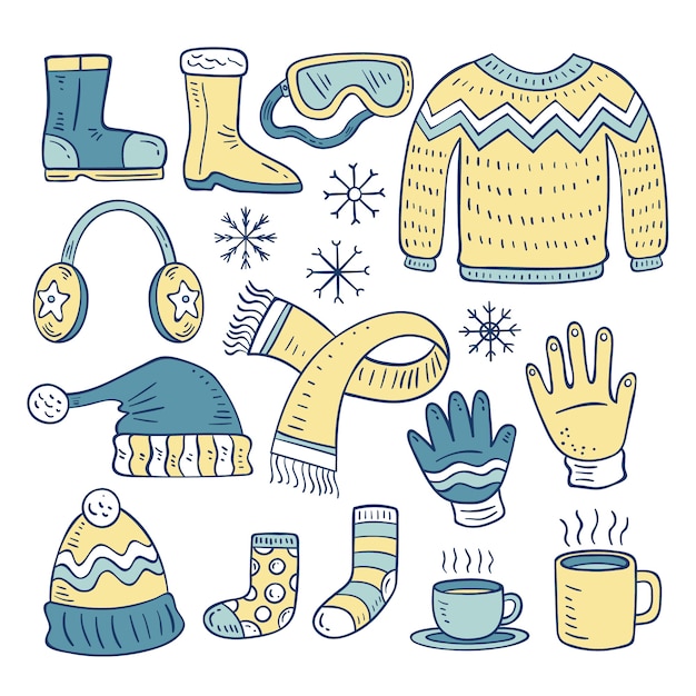 Hand drawn winter clothes & essentials set