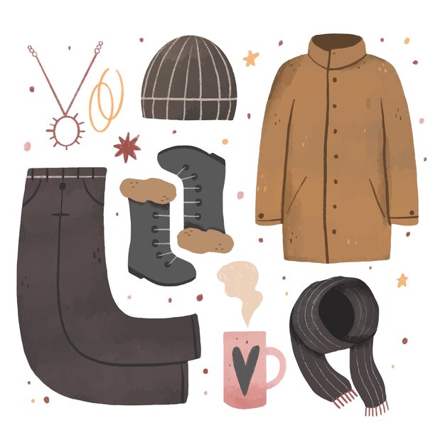 Hand drawn winter clothes and essentials