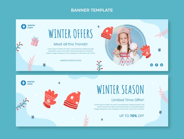 Hand drawn winter horizontal banners set